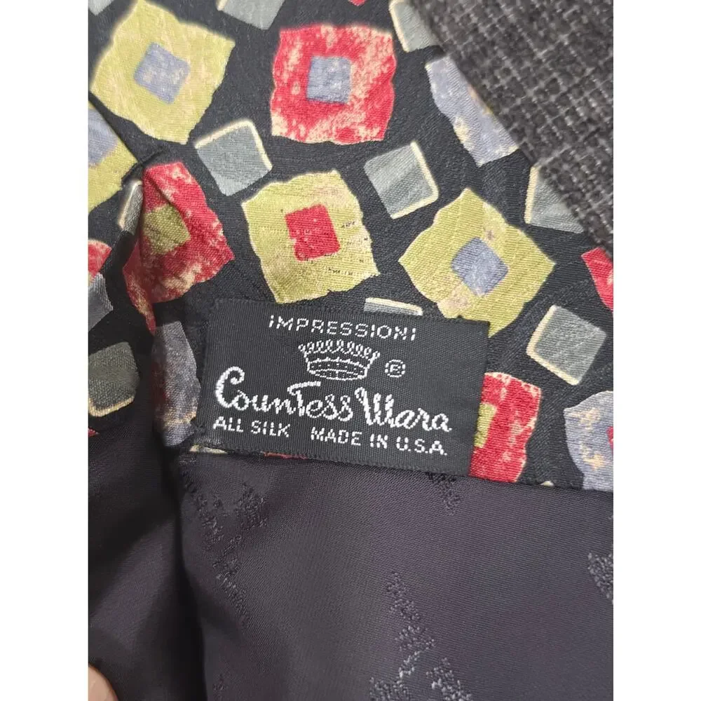 VTG Countess Mara Impressions Silk Tie Abstract Geometric Mosaic Red Yellow